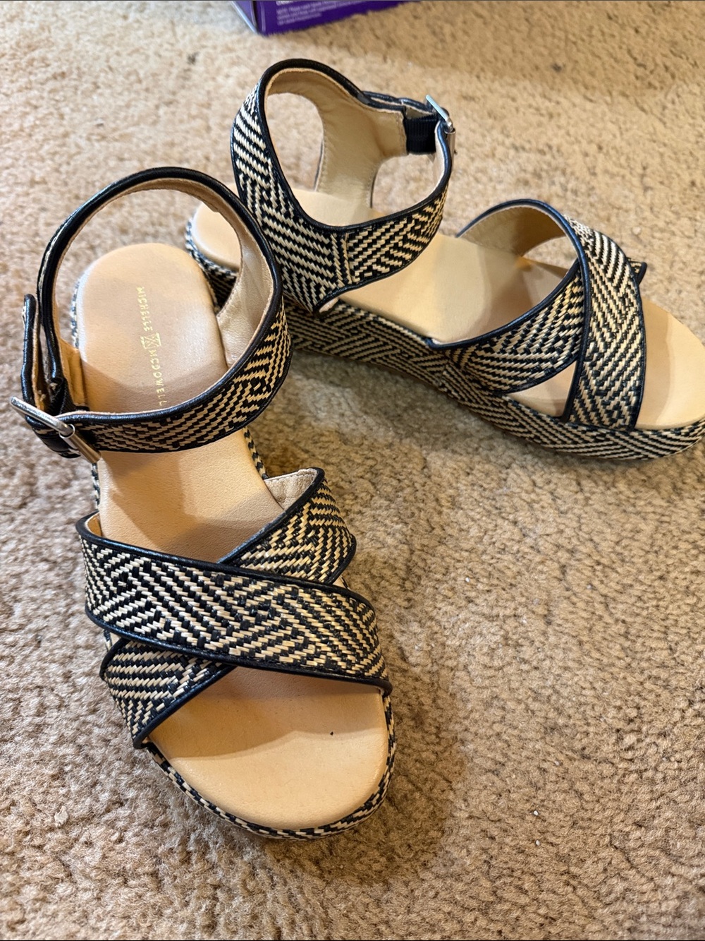 Woven Black & Cream Platform Wedge Sandals
